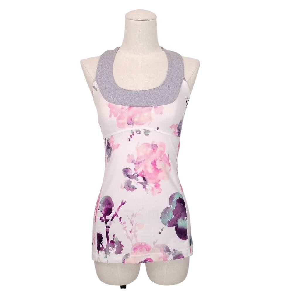 Lululemon Scoop Neck Tank Blurred Blossoms White / Heathered Fossil Sz 4